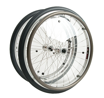 Two large wheels for the Rifton Mobile Stander