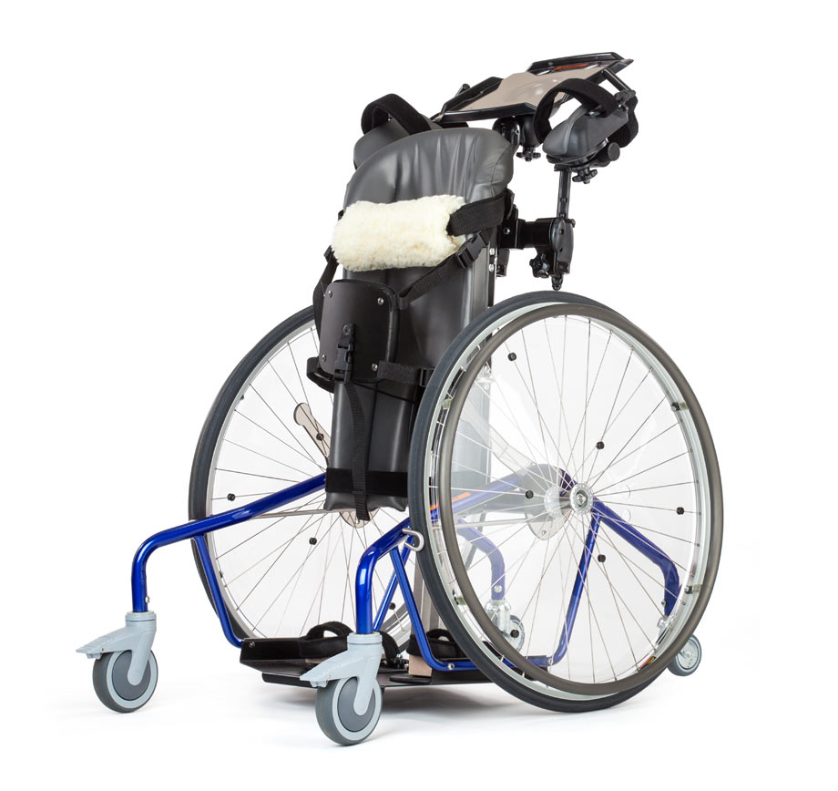 A blue Rifton Mobile Stander with large side wheels attached