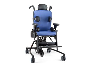 A caregiver has activated the dynamic spring feature on a Standard base Rifton Activity Chair so a child with autism can rock to calm himself