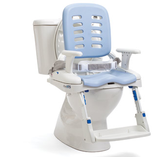 The new Rifton HTS attached to a stationary toilet as an example of adaptive toileting features the old Rifton Blue Wave Toileting System lacked.
