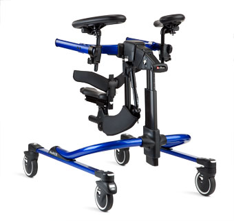 The new Rifton Dynamic gait trainer, shown in the color blue, is more than just a walker