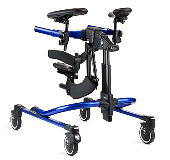A product shot of the new Rifton Dynamic Pacer gait trainer with the multi-positioning saddle and arm platforms.