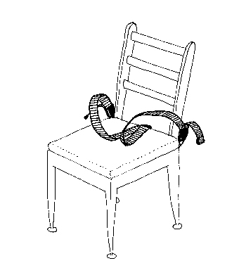 A regular classroom chair with a seat belt strap that fit over a seated child with special needs thighs to enable proper positioning