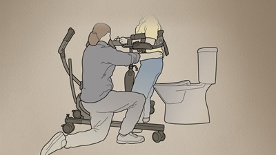 an illustration of the Rifton TRAM used for transferring a client to a toilet