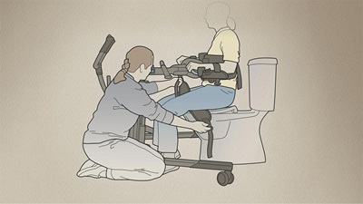 an illustration of the Rifton TRAM used for transferring a client to a toilet