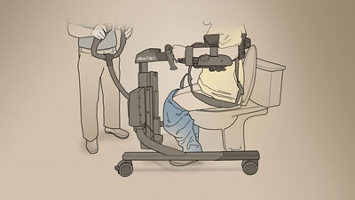 an illustration of the Rifton TRAM used for transferring a client to a toilet