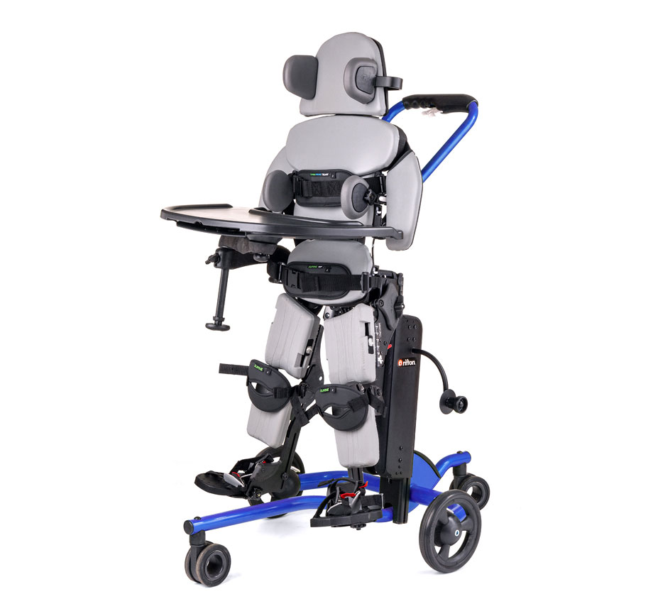 A blue Rifton Size 2 Stander standing frame in supine configuration