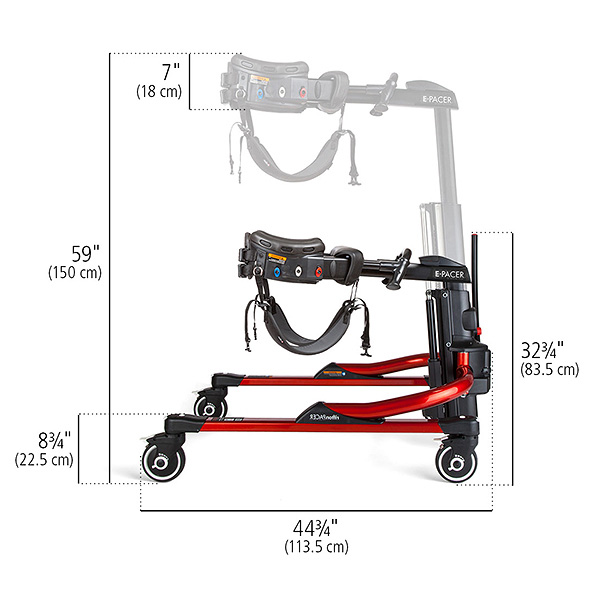 a side view of the E-Pacer with dimensions specified in inches and centimeters