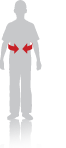 Silhouette of a person with curved red arrows indicating waist measurement.